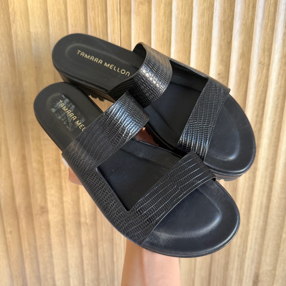 TAMARA MELLON Black Roam Lizard Sandals Shoes - Picture 5 of 7